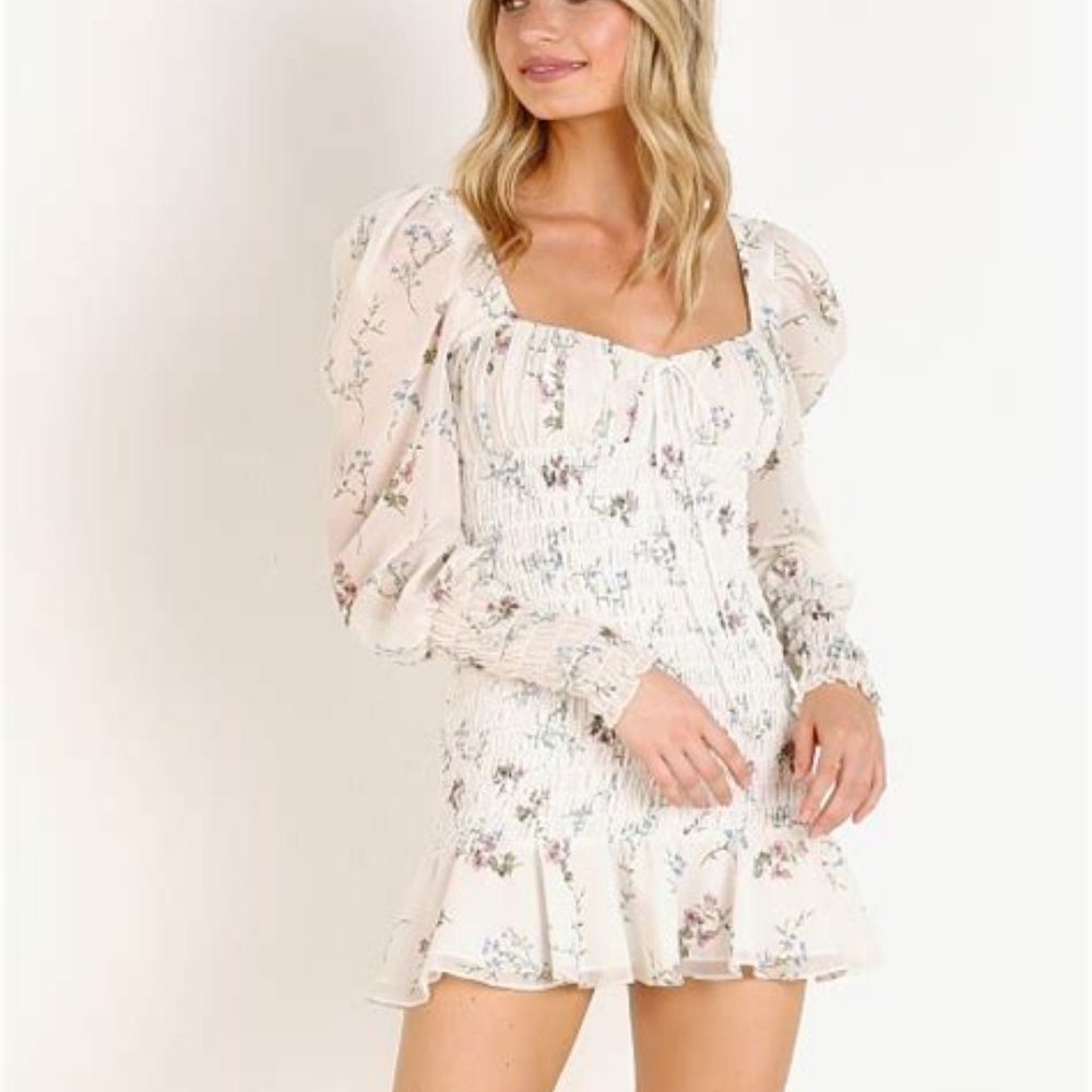 For Love & Lemons Dixon Mini Dress Large Ivory Cream Floral Ruched Ruching
